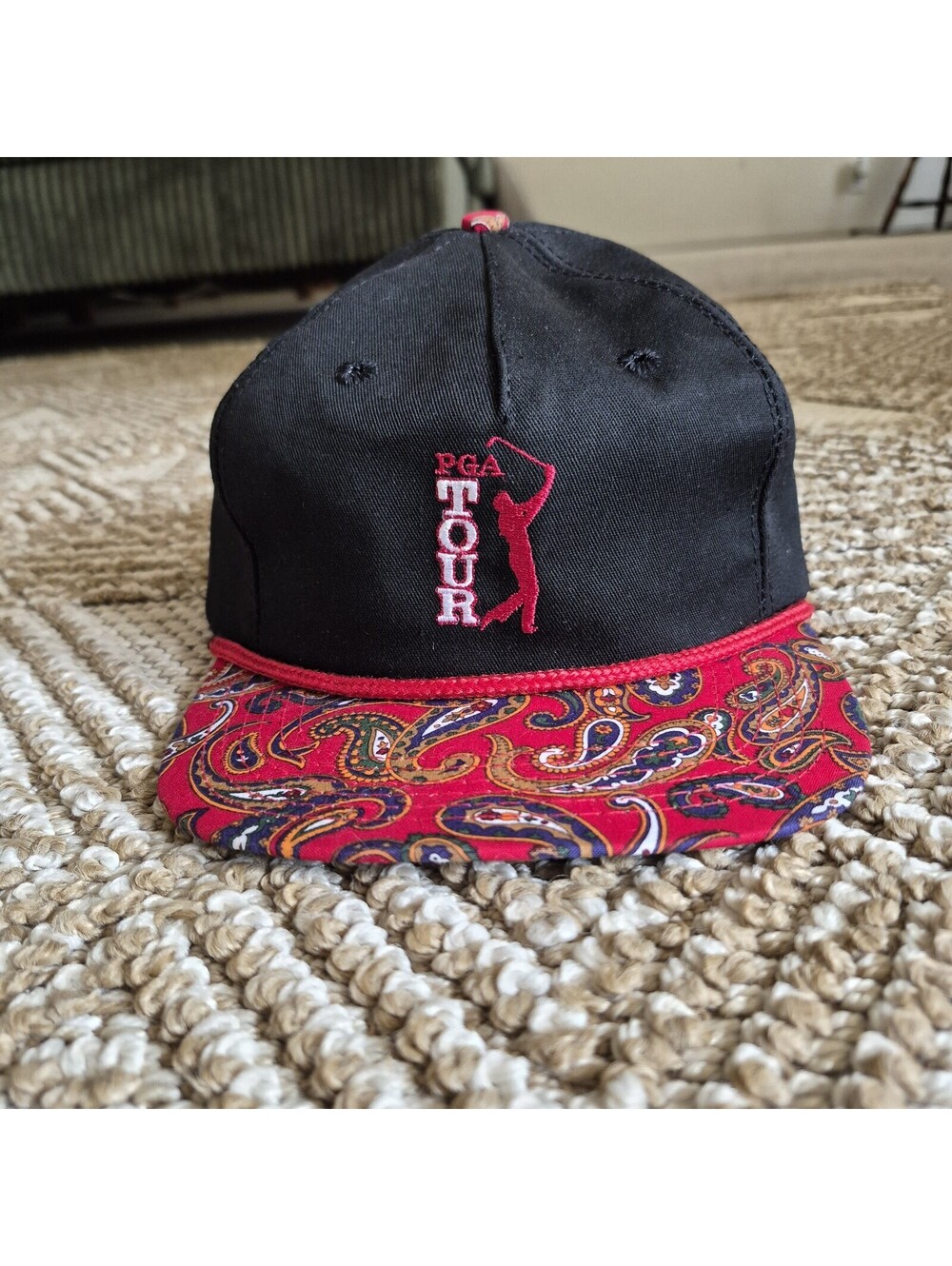 Deadstock 90's PGA Tour Rope Hat Snapback Paisley Brim Black Red Golf Cap VTG